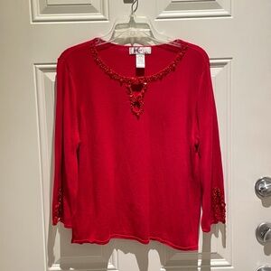KIKIT Red Sequin Beaded Red Top Size XL, Retro Sparkle Key Hole Three-Quarter